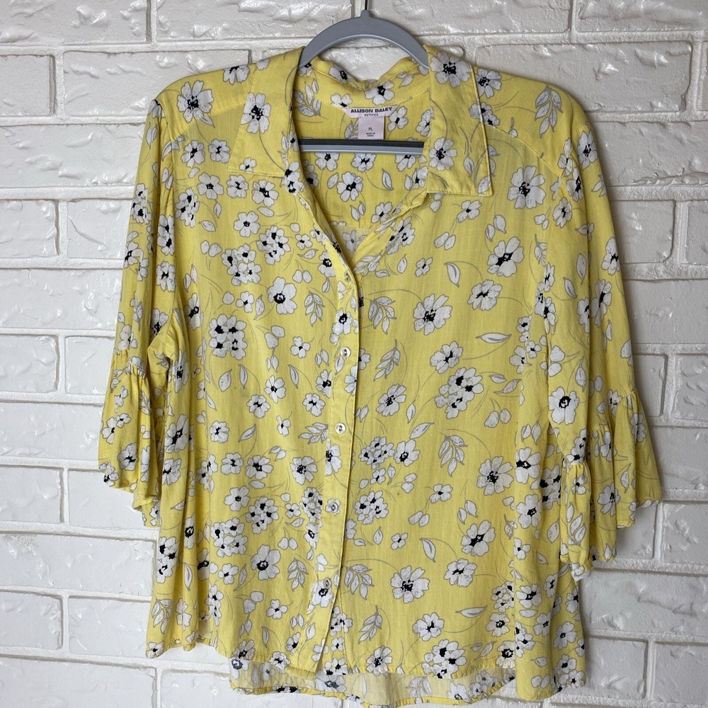 Allison Daley PL Women's Button Blouse 3/4 Bell Sleeve Yellow Floral